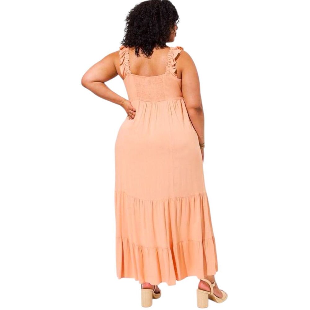 Torrid Peach Maxi Dress Size 1 Ruffle Strap Tiered Empire Waist Pockets NWT - Picture 3 of 15